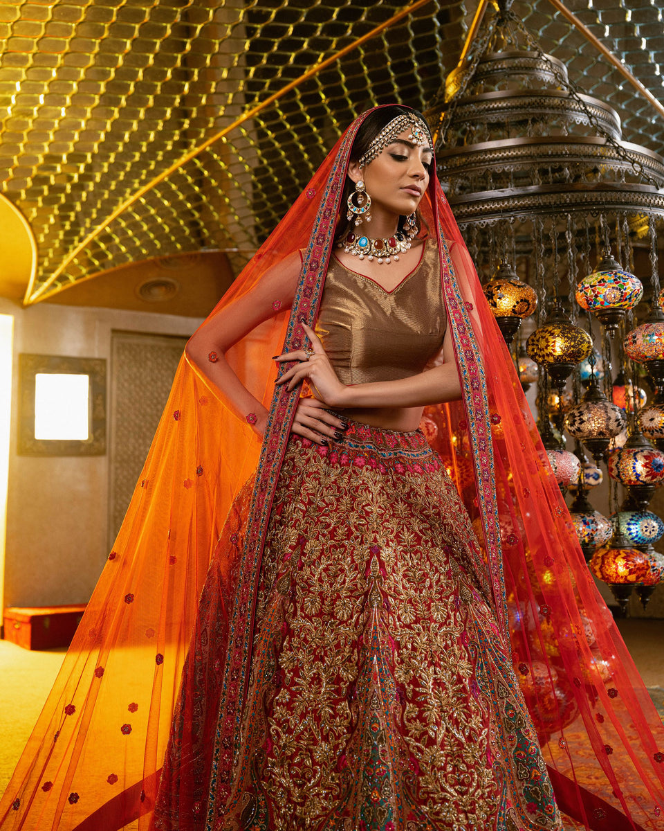 Cherry red and Sunrise Orange Rhinestone Work Bridal Lehenga