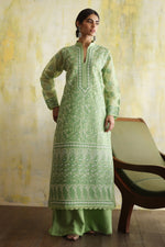 Load image into Gallery viewer, Karigars Essentials Aafrinish By Niazi Leaf Green Chikankari Mukesh Kurta Ersa Batool Rizwan Haq Hand Embroidered 
