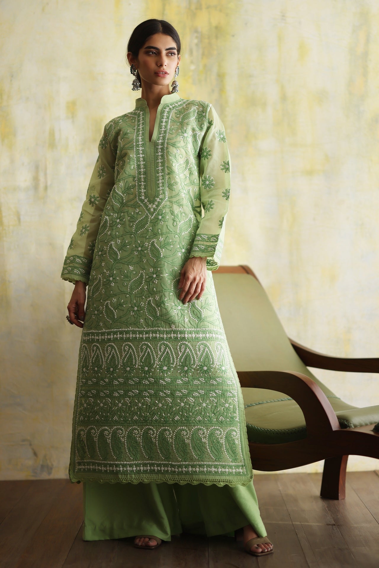 Karigars Essentials Aafrinish By Niazi Leaf Green Chikankari Mukesh Kurta Ersa Batool Rizwan Haq Hand Embroidered 