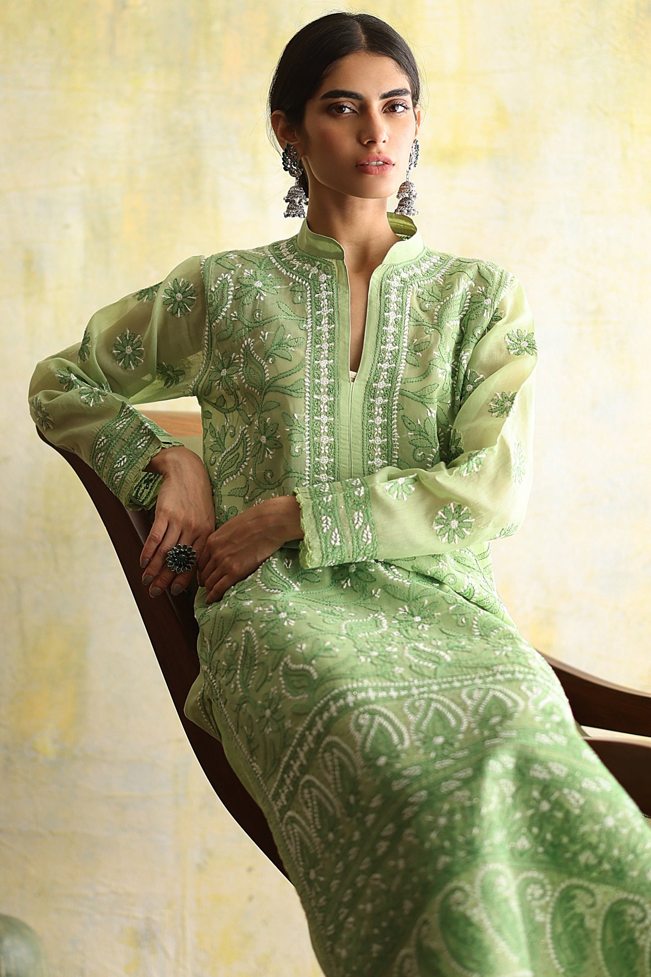 Karigars Essentials Aafrinish By Niazi Leaf Green Chikankari Mukesh Kurta Ersa Batool Rizwan Haq Hand Embroidered 