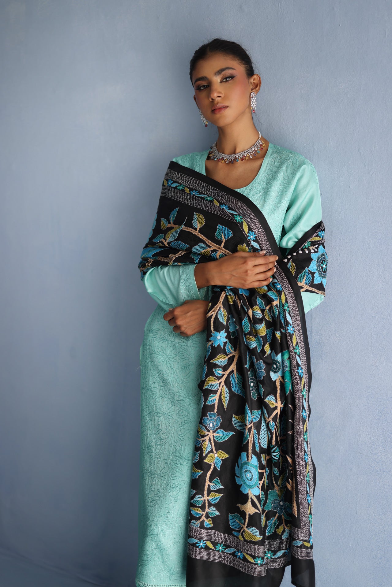 Black and Blue Tree Of Life Kantha Dupatta