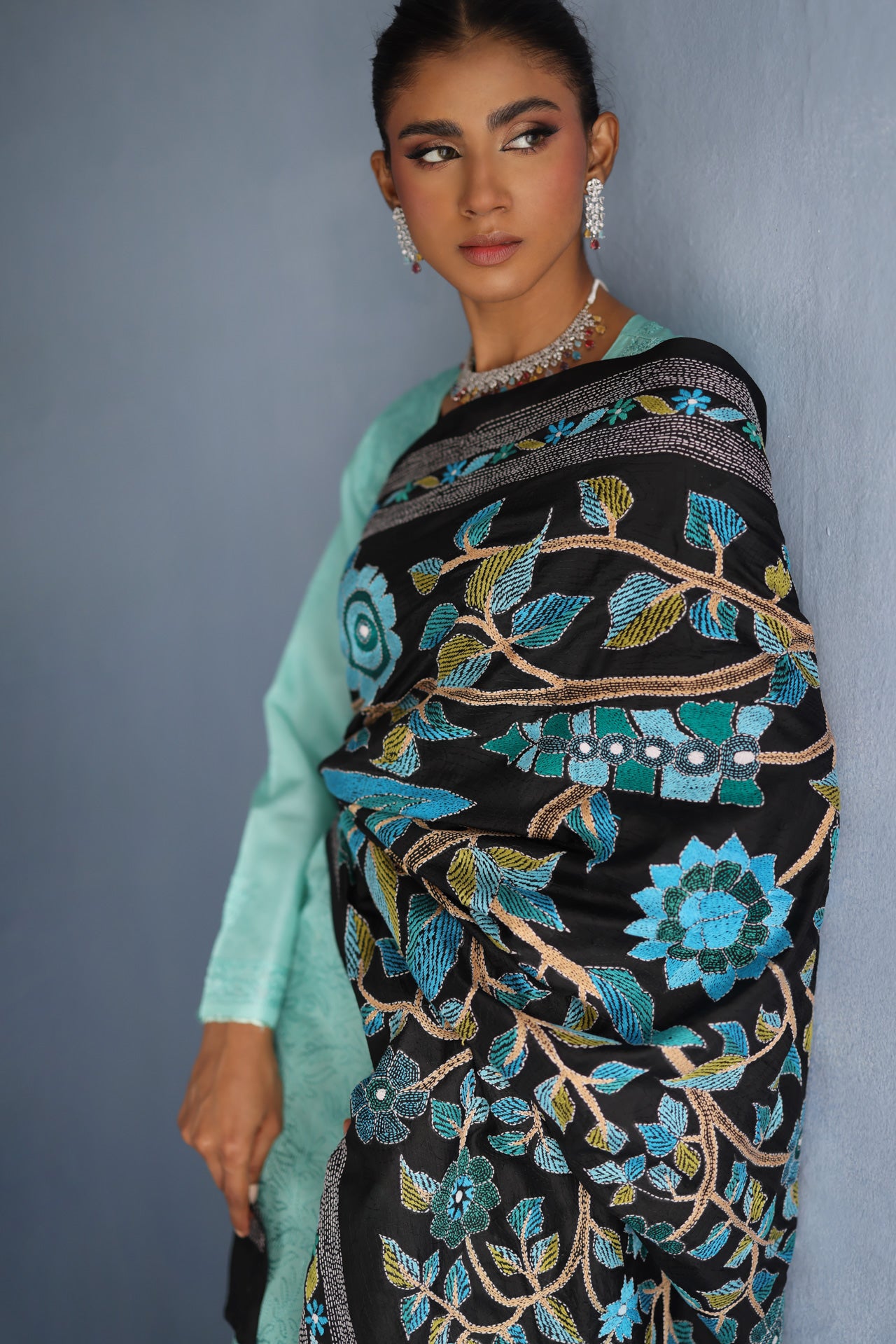 Black and Blue Tree Of Life Kantha Dupatta