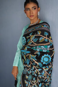 Black and Blue Tree Of Life Kantha Dupatta