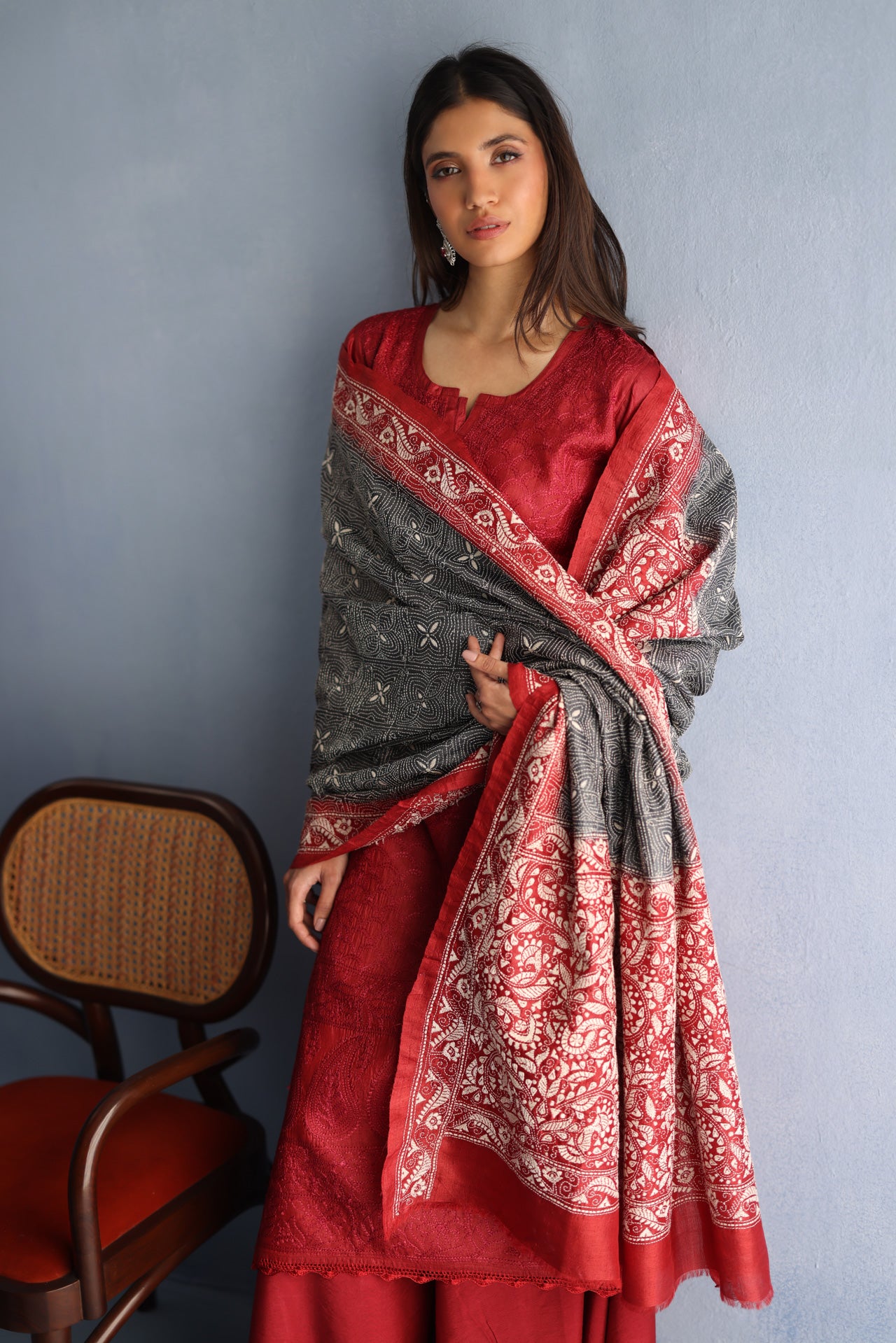 Red and Charcoal Kantha Dupatta