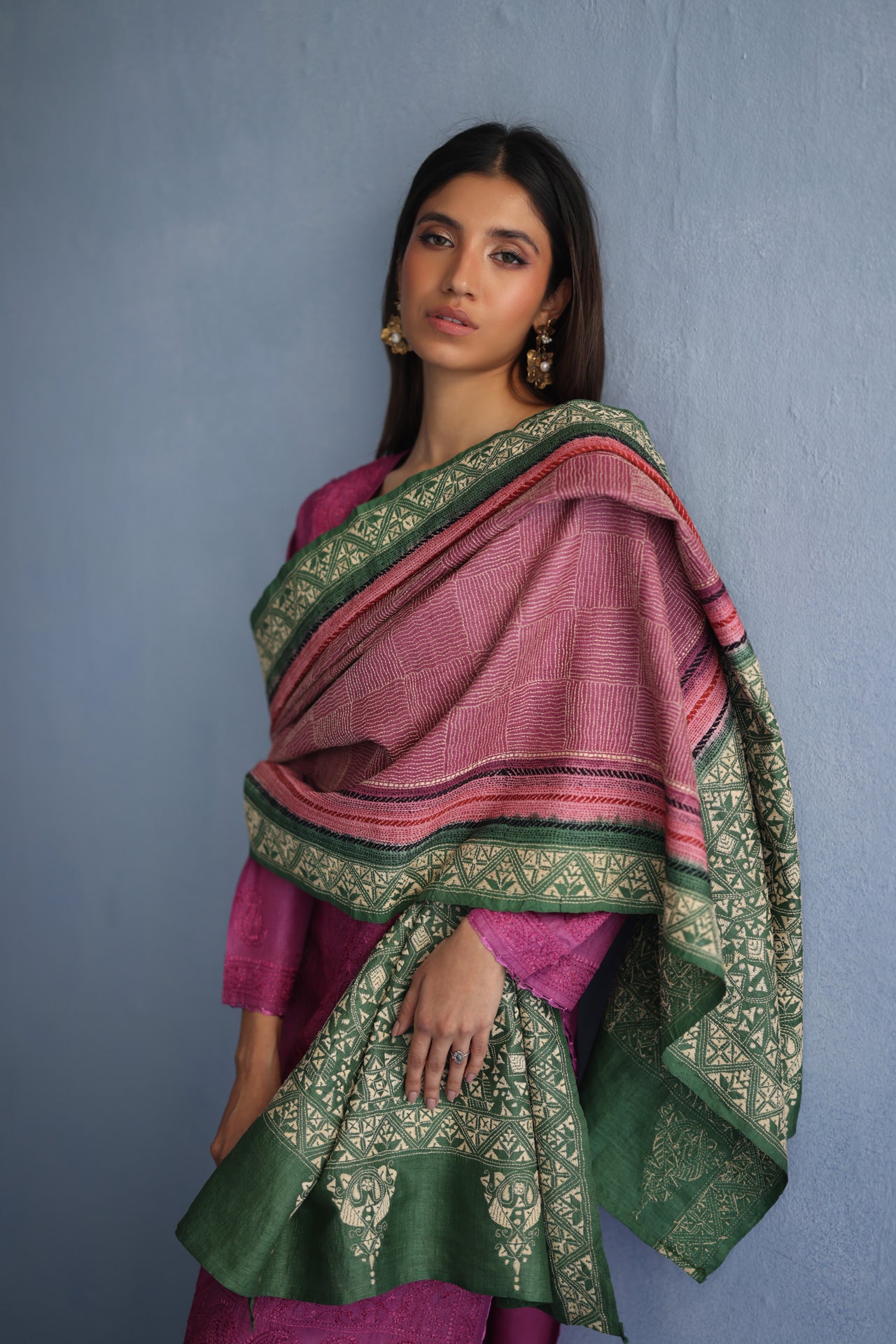 Pink and Green Kantha Dupatta