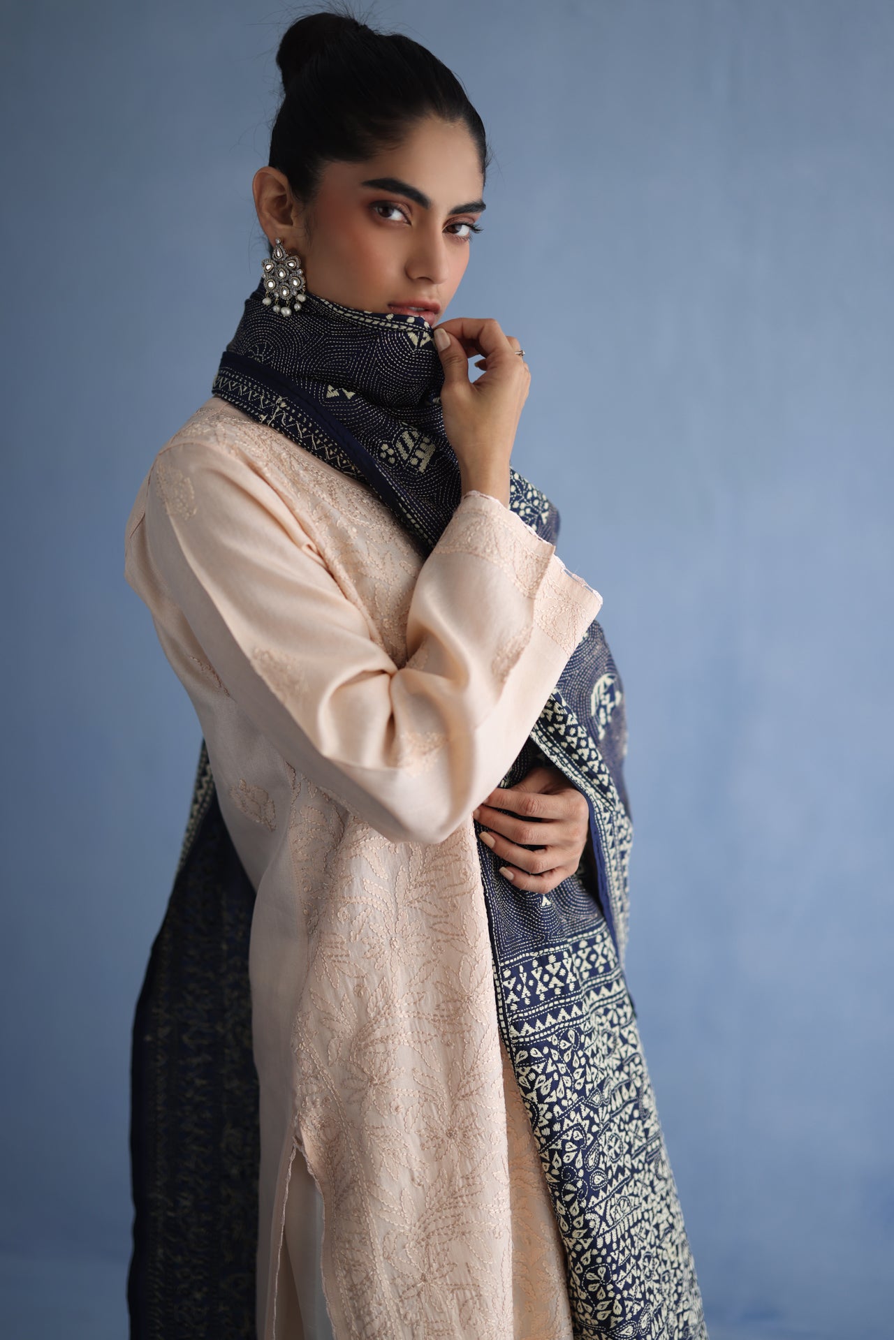 Navy and Beige Kantha Dupatta