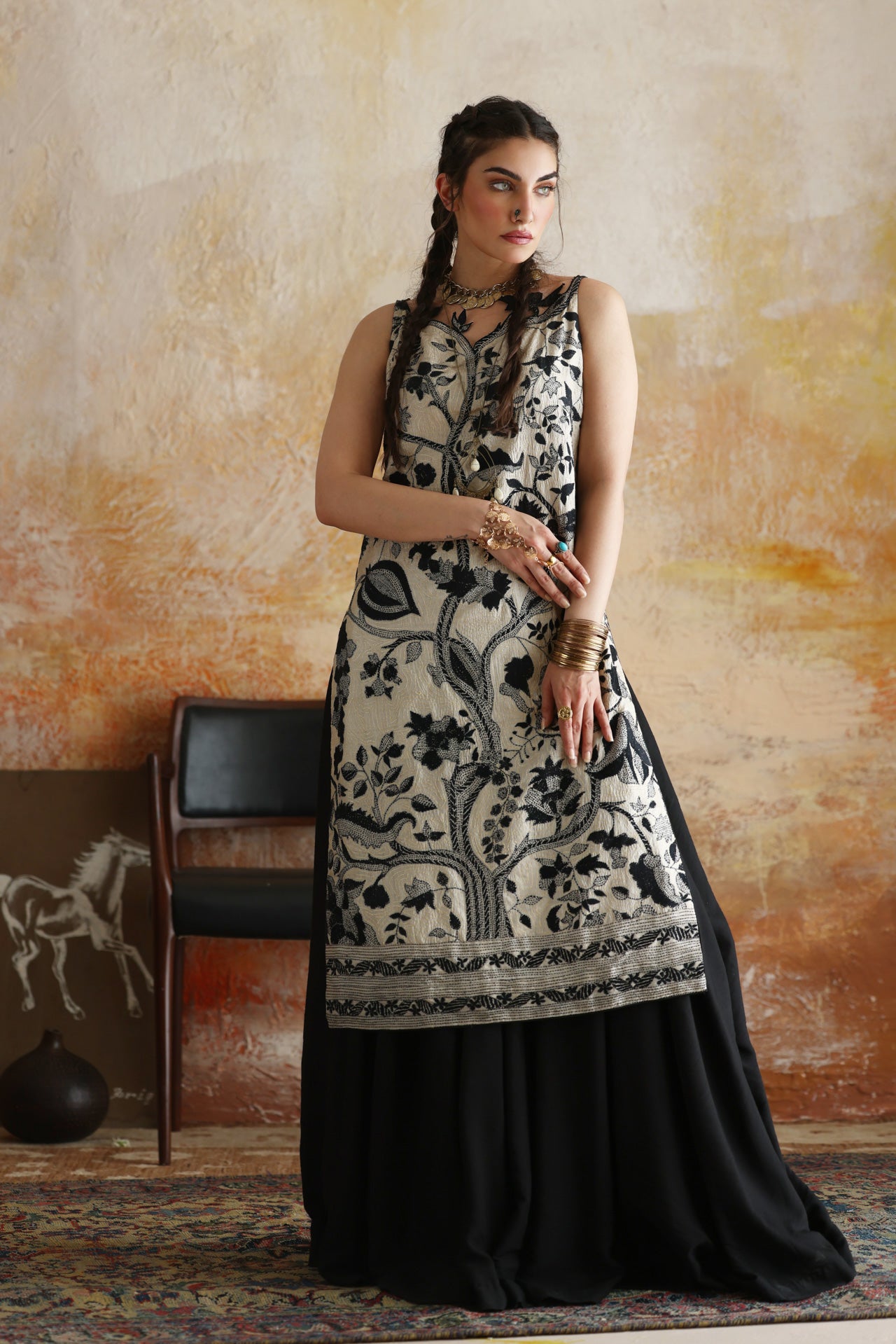 Beige & Black Tree of Life Kantha Shirt & Lehenga