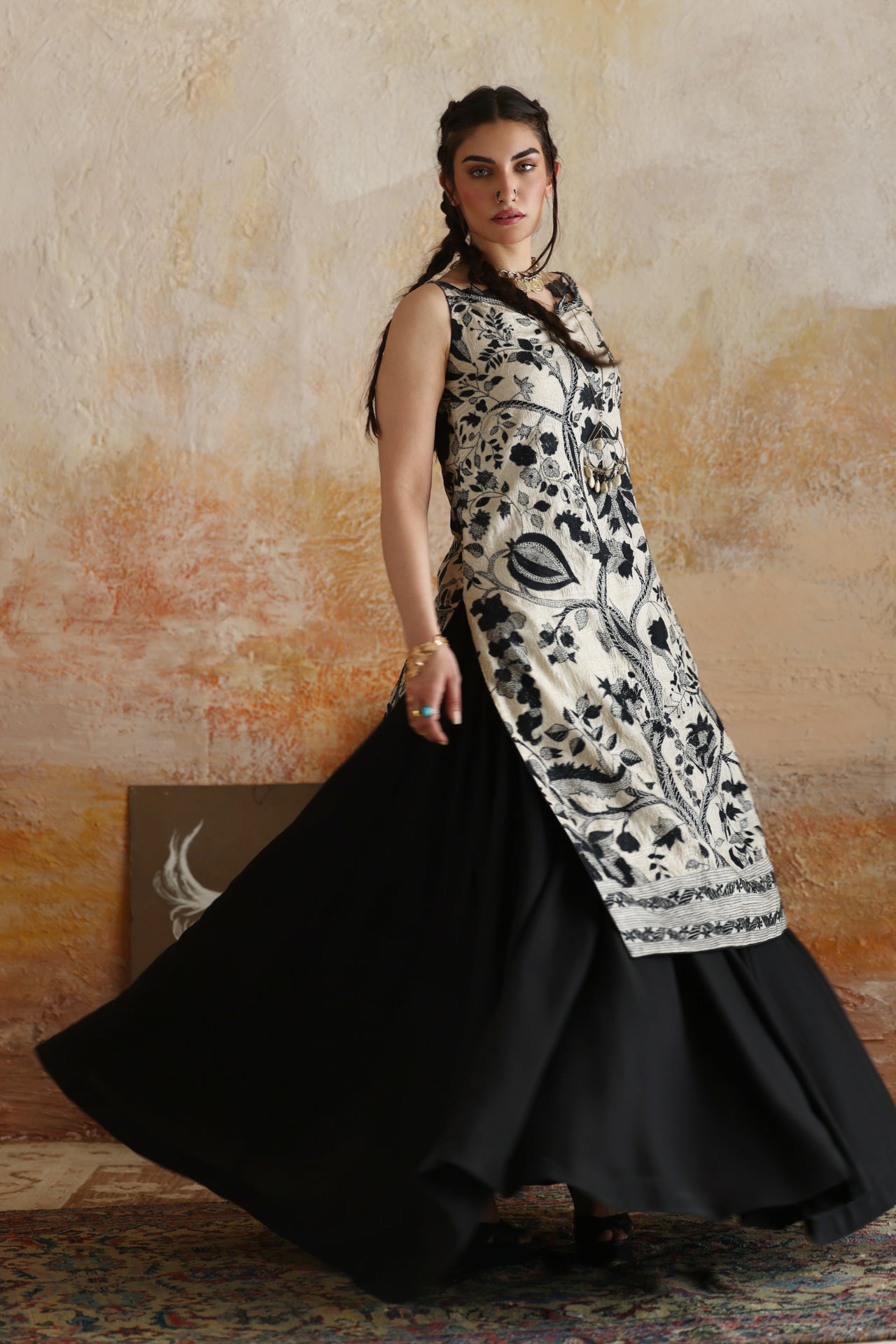 Beige & Black Tree of Life Kantha Shirt & Lehenga