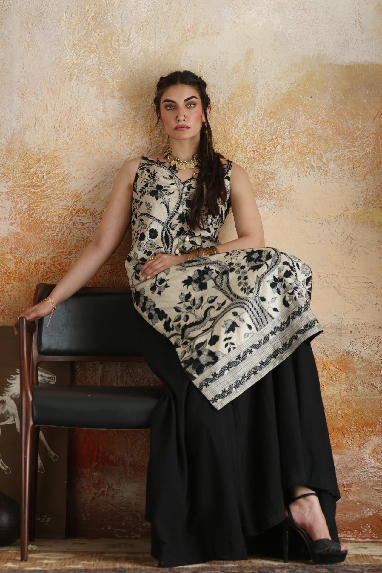 Beige & Black Tree of Life Kantha Shirt & Lehenga