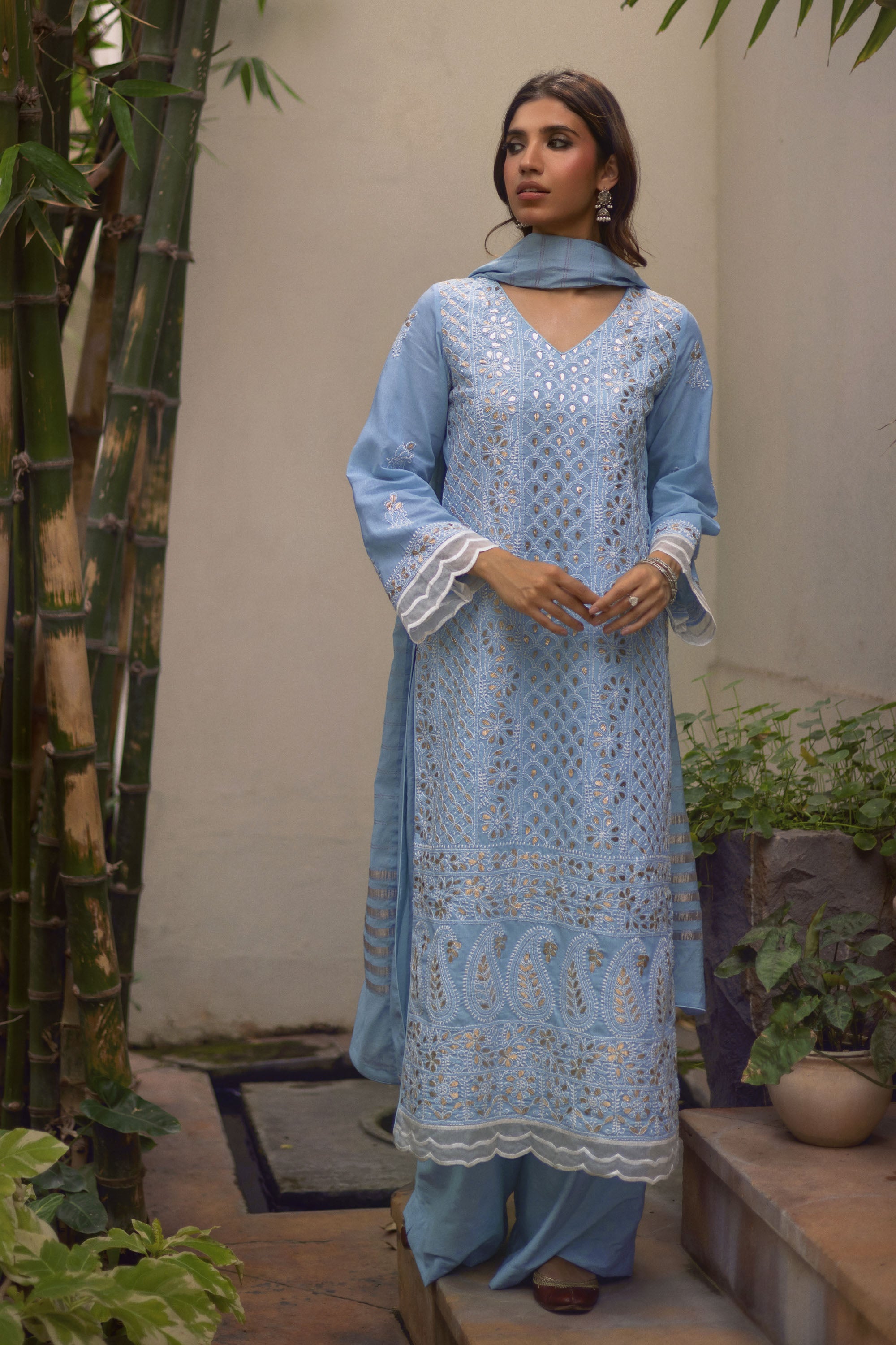 Blue Chikankari & Gota Shirt & Dupatta