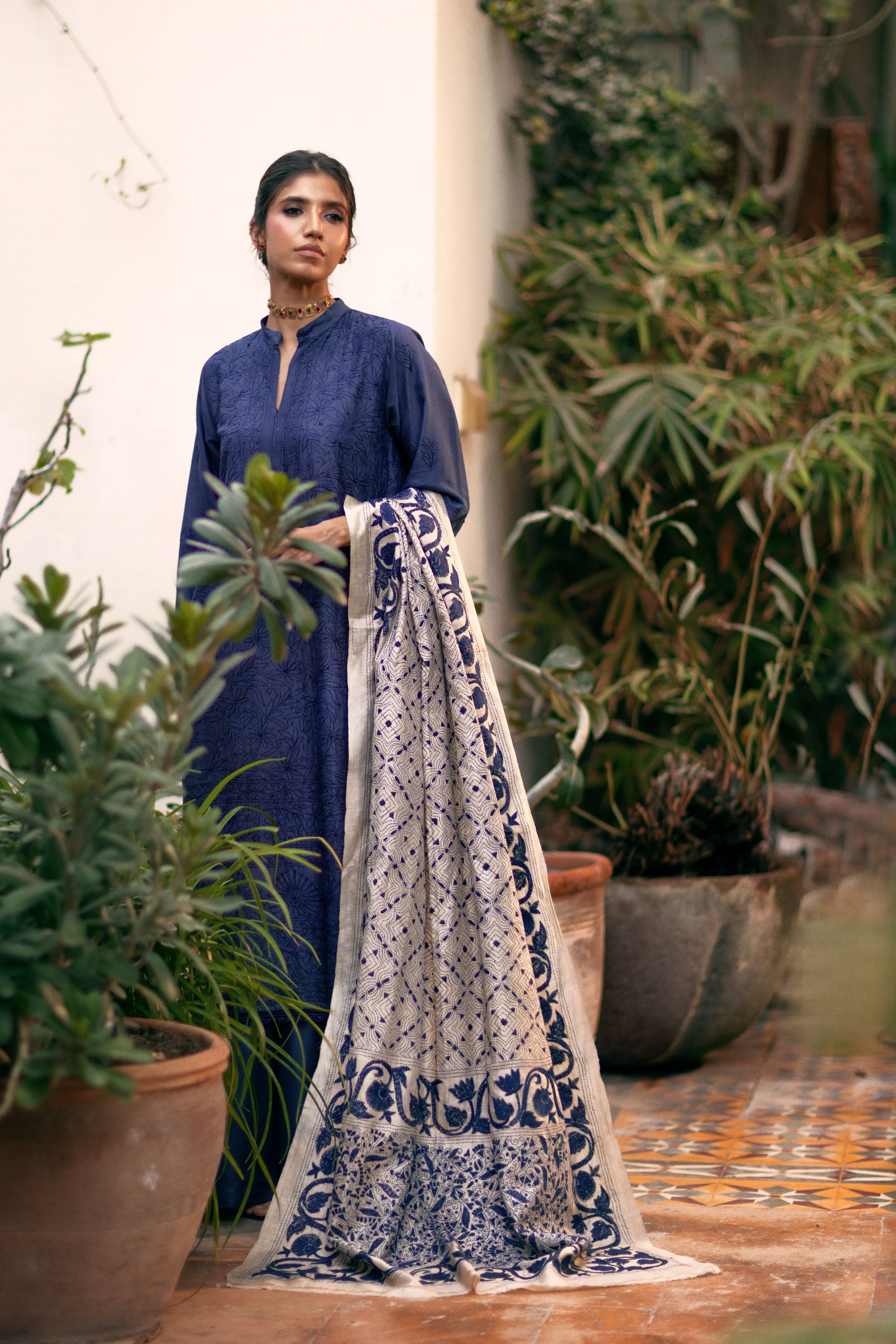 Beige And Blue Kantha Dupatta