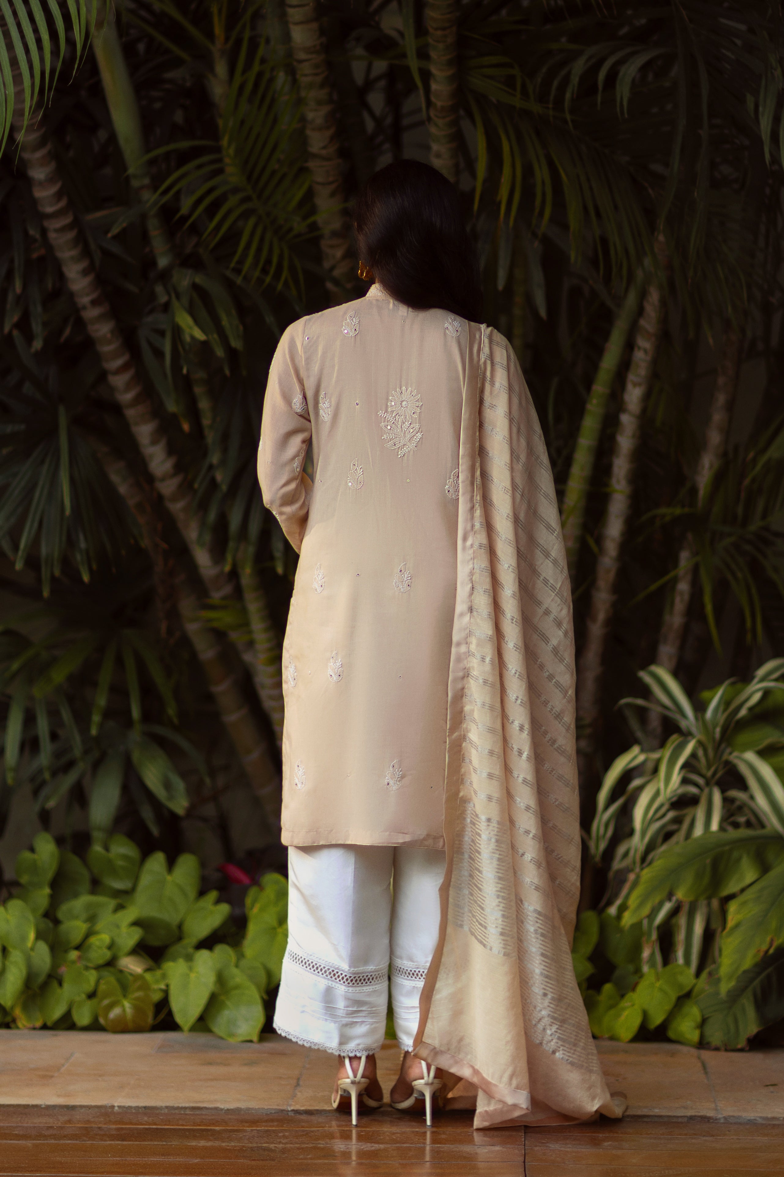 Beige Chikankari & Mirror Shirt & Dupatta