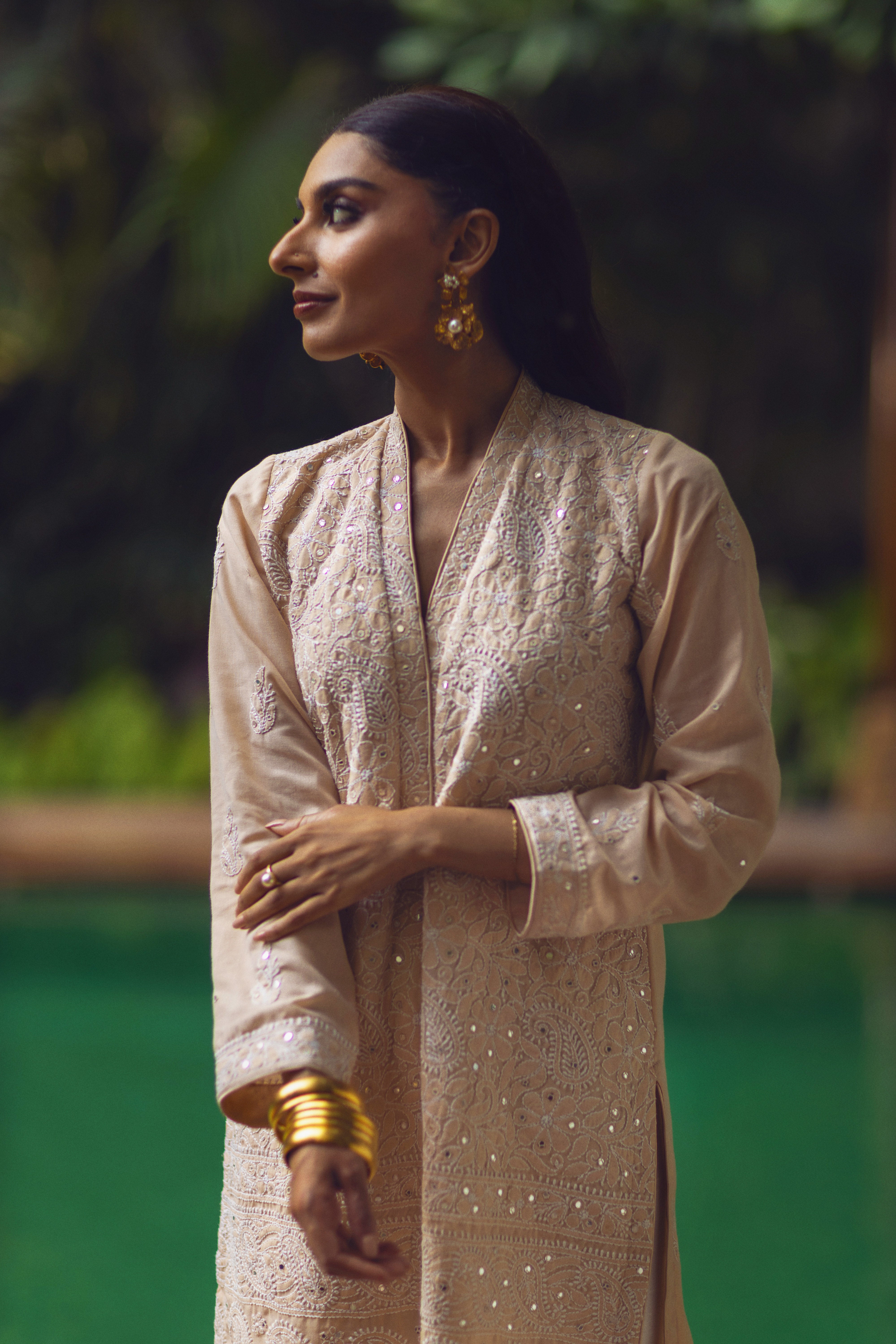 Beige Chikankari & Mirror Shirt & Dupatta