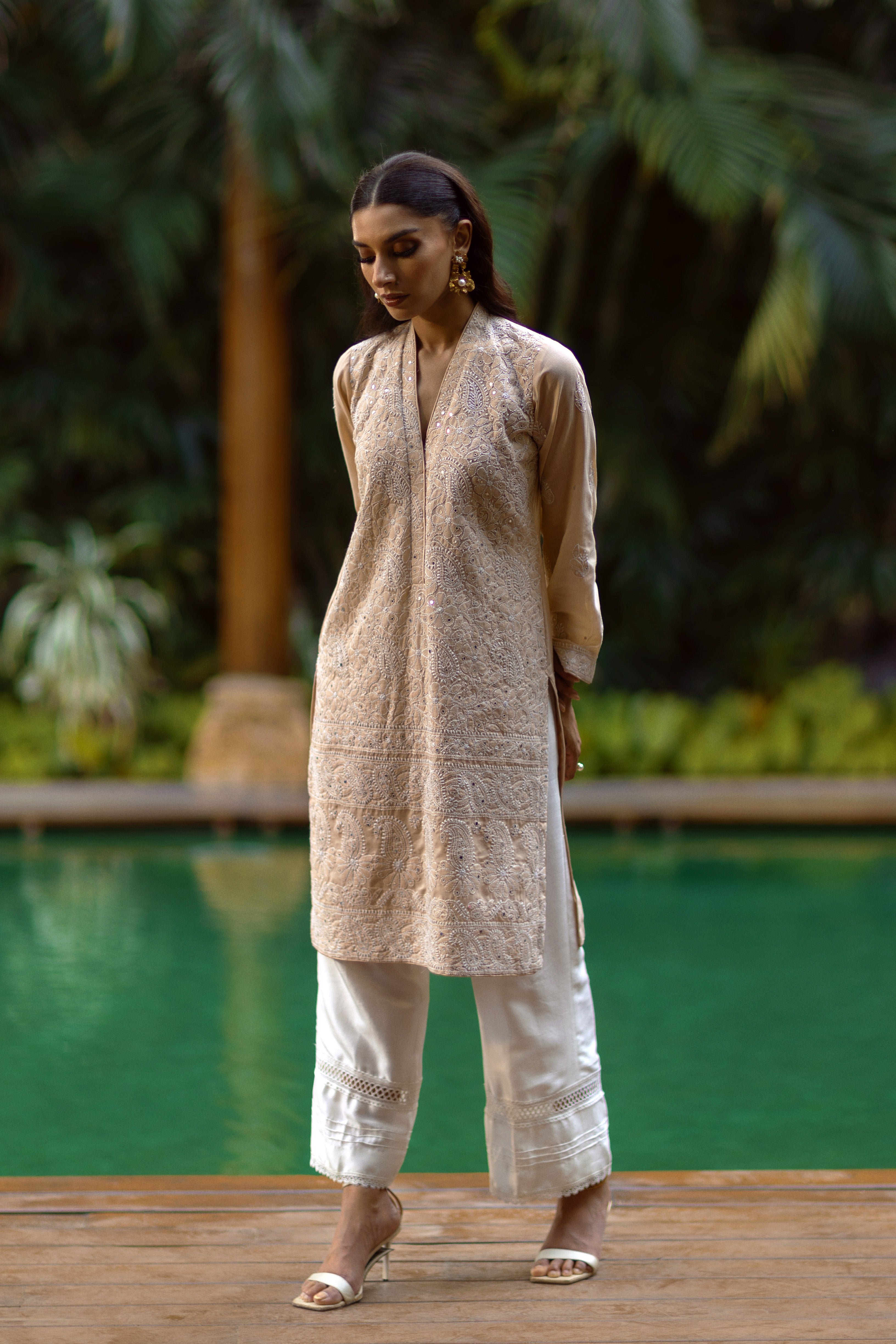 Beige Chikankari & Mirror Shirt & Dupatta