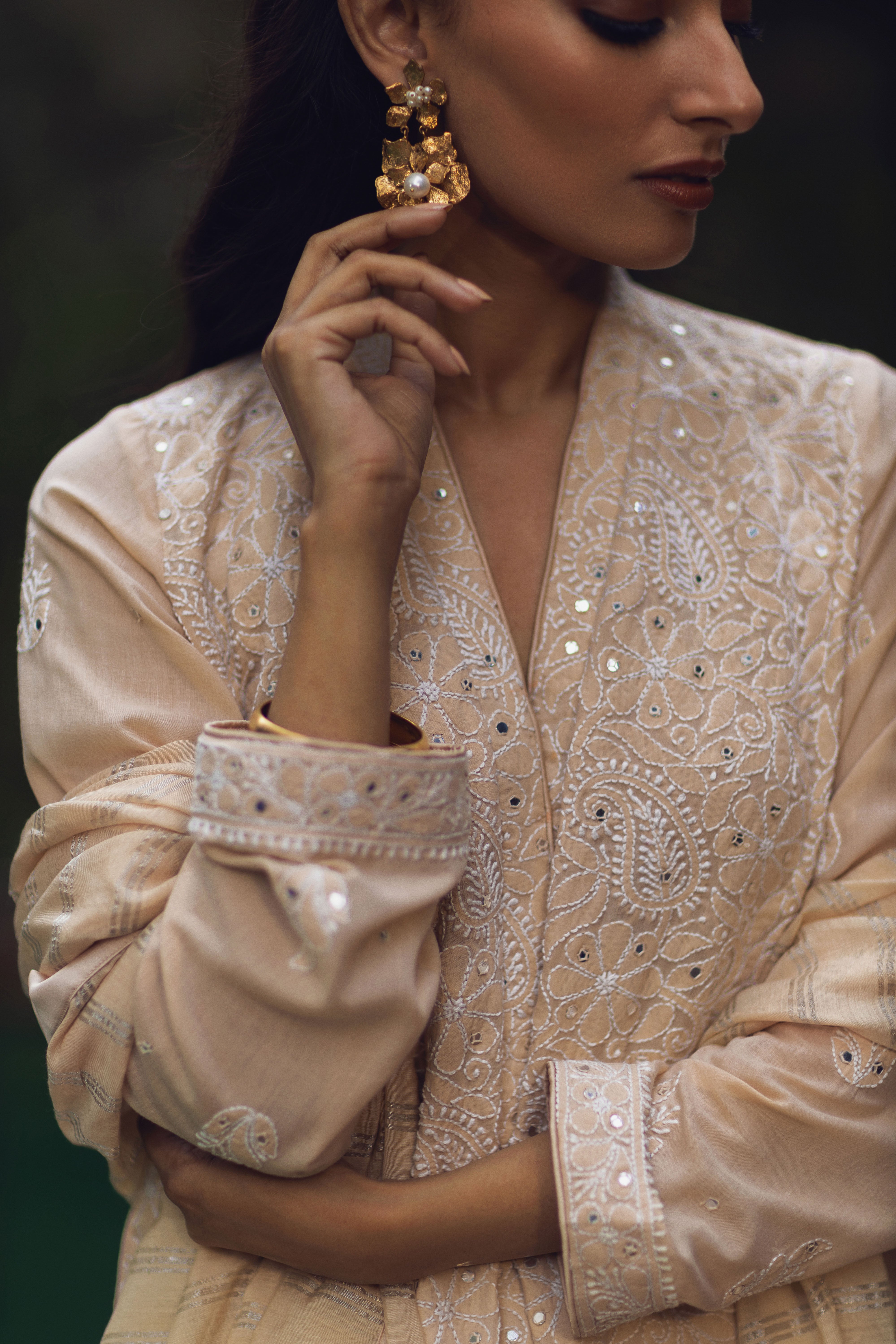 Beige Chikankari & Mirror Shirt & Dupatta