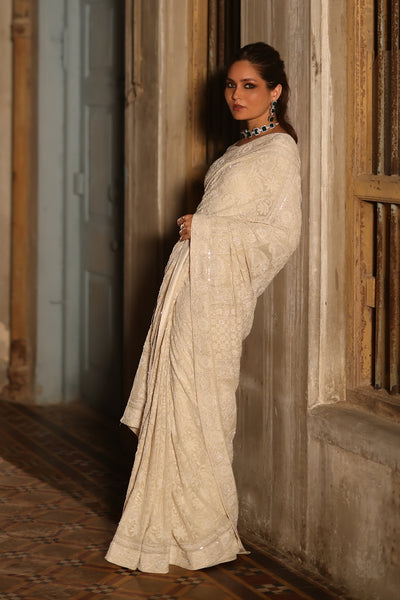 Buy Stunning Off White Lucknowi Chikankari Georgette Sari Online USA – Pure  Elegance
