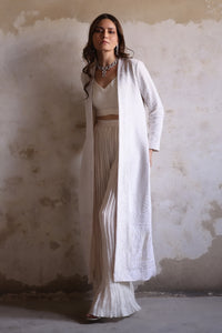 White Chikankari Jacket with Crushed Silk Pants