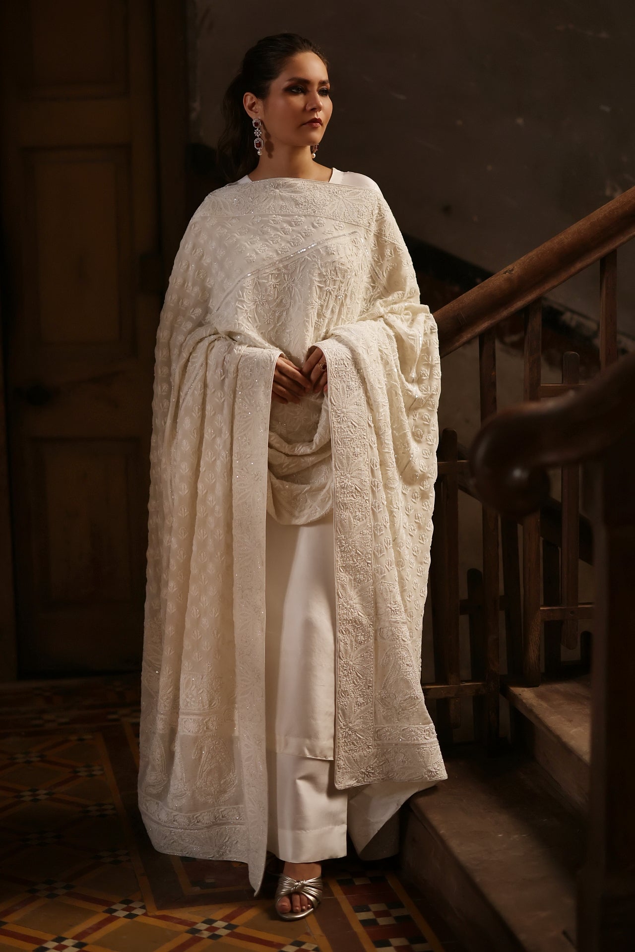 White Chikankari Chadar, Raw Silk Kameez and Izaar