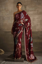 Load image into Gallery viewer, Aafrinish By Niazi Eshal Rahman Rizwan Ul Haq Deep Wine Cutdaana &amp; Sequins Saree the rich hues of our deep wine Chiffon saree intricately detailed with floral motifs in glimmering sequins Pakistan Fashion
