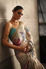 Load image into Gallery viewer, Aafrinish By Niazi Rabita Ali Rizwan Ul Haq Grey &amp; Pink Shaded Cutdana &amp; Sequins Saree Featuring floral patterns hand embroidered with gleaming cut daana and micro sequins on a shaded canvas Pakistan Fashion
