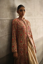 Load image into Gallery viewer, Aafrinish By Niazi Eshal Rahman Rizwan Ul Haq Gold Sequins Kashidakari Jacket Glimmering gold juxtaposed with vibrant pink and red hues make this jacket a shimmering masterpiece Pakistan Fashion
