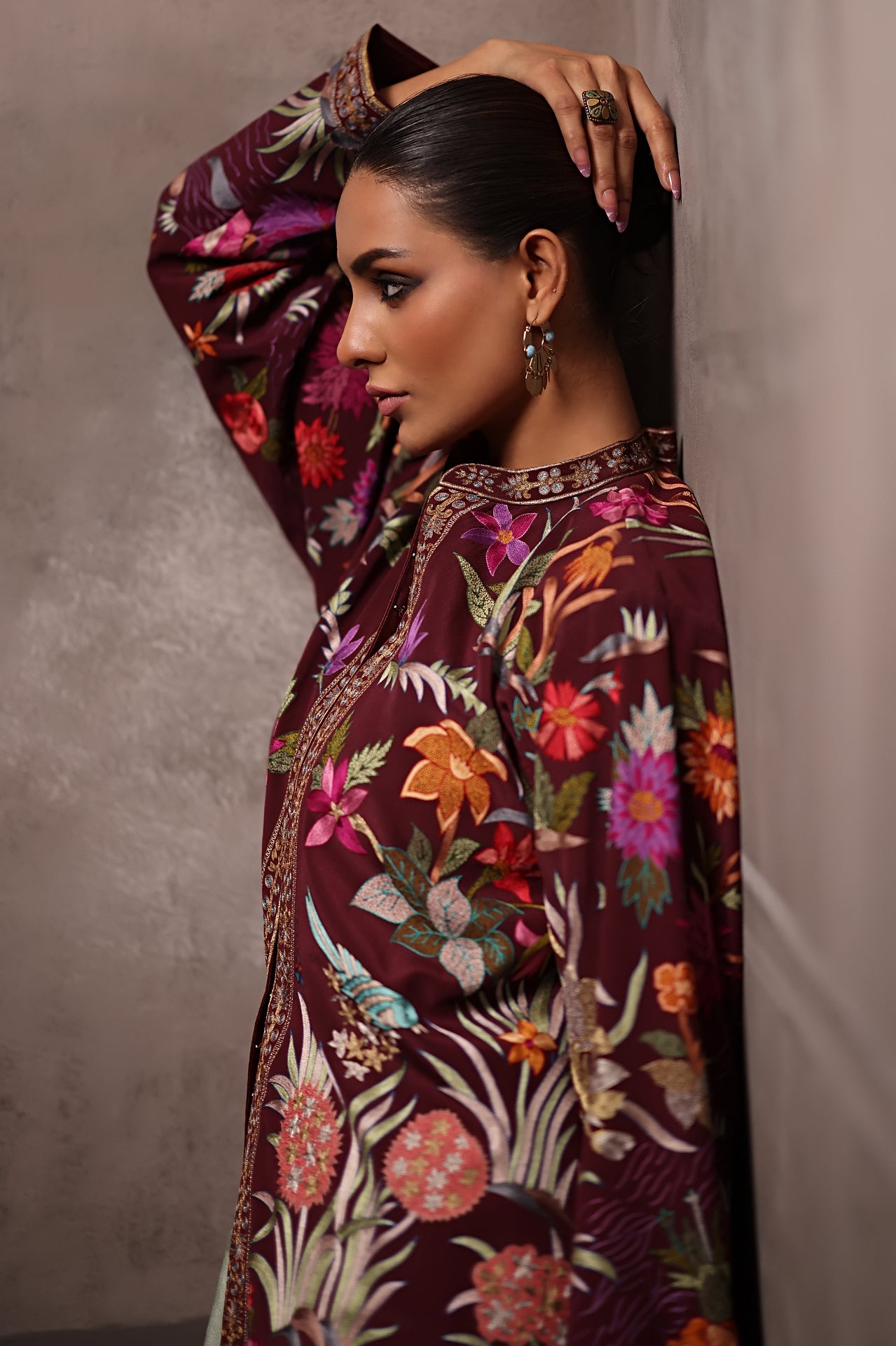 Aafrinish By Niazi Rabita Ali Rizwan Ul Haq Plum Kashidakari Jacket this jacket depicts blooming gardens with feminine florals and delicate birds Pakistan Fashion