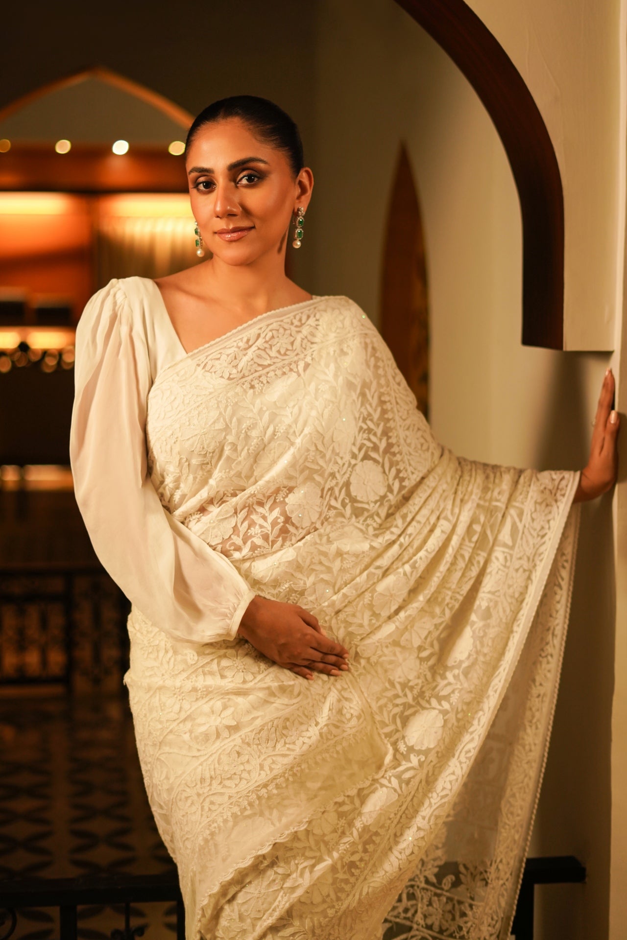 White Net Chikankari Saree