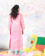 Load image into Gallery viewer, Rehma zaman bubble gum pink Chikan Kari Kurta Pink net Splatter painting smile curly hair
