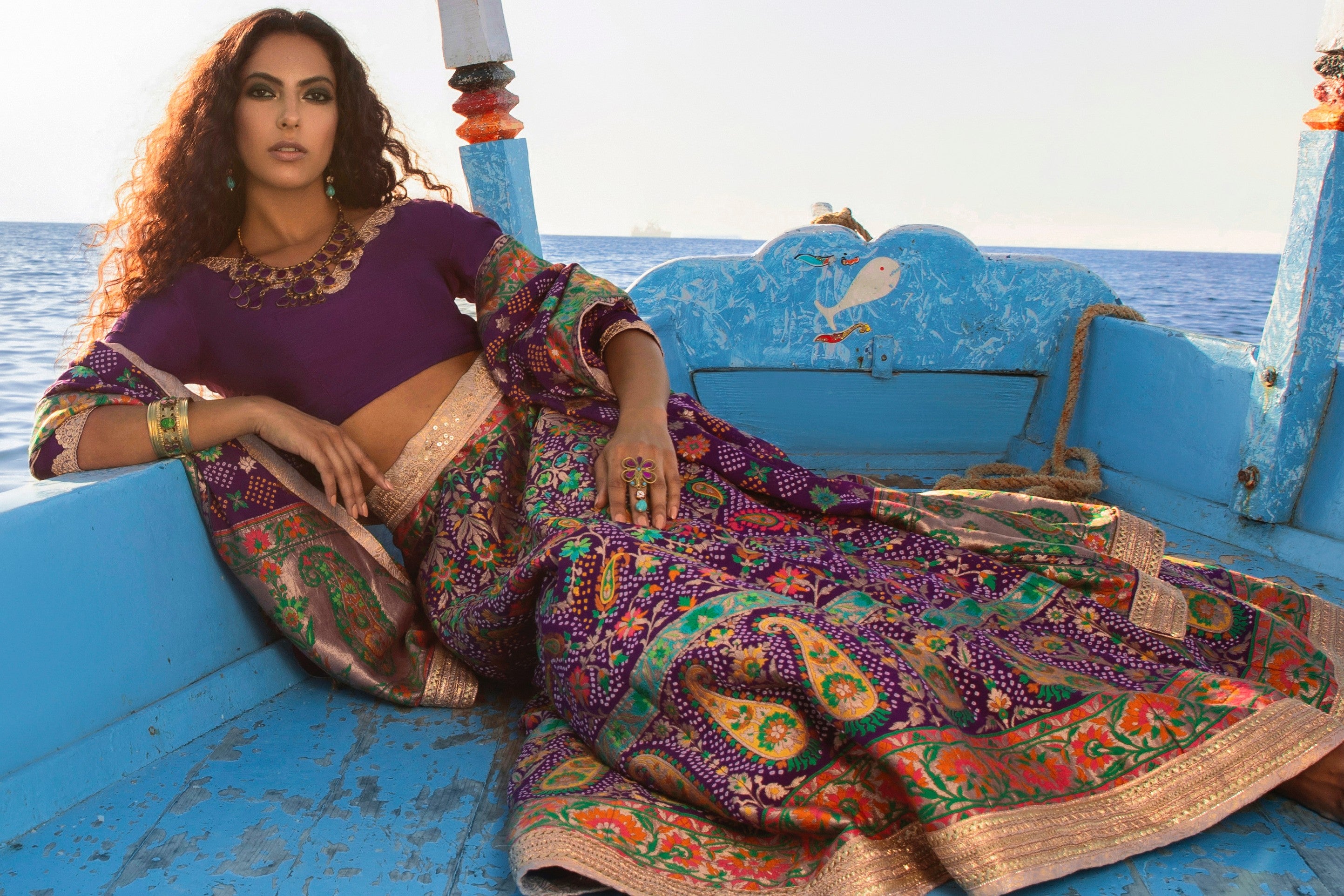 Aafrinish By Niazi Nimra Jacob Purple Magic Lehnga Choli Banarasi Meenakari Boat Ocean  Pakistan Fashion Beach