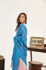Load image into Gallery viewer, Cyan &amp; Mauve Floral Kantha Dupatta

