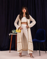 Load image into Gallery viewer, Aafrinish By Niazi Zara Peerzada Noor Jehan Se Noor 1960s Chikankari Mukesh Jacket  Blue  Background Asad Bin Javed Vintage Pakistan Fashion
