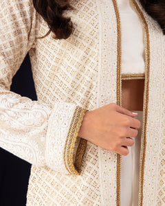 Aafrinish By Niazi Zara Peerzada Noor Jehan Se Noor 1960s Chikankari Mukesh Jacket  Blue  Background Asad Bin Javed Vintage Pakistan Fashion closeup