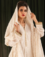 Load image into Gallery viewer, Aafrinish By Niazi Zara Peerzada Noor Jehan Se Noor 1980s Chikankari Straight Kurta, Dupatta &amp; Shalwar Blue  Background Asad Bin Javed Vintage Pakistan Fashion Benazir Bhutto Zia Ul Haq
