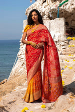 Load image into Gallery viewer, Aafrinish By Niazi Nimra Jacob Red, Spicy Orange and Saffron Yellow Saree Sari Beach Mubarak Village
