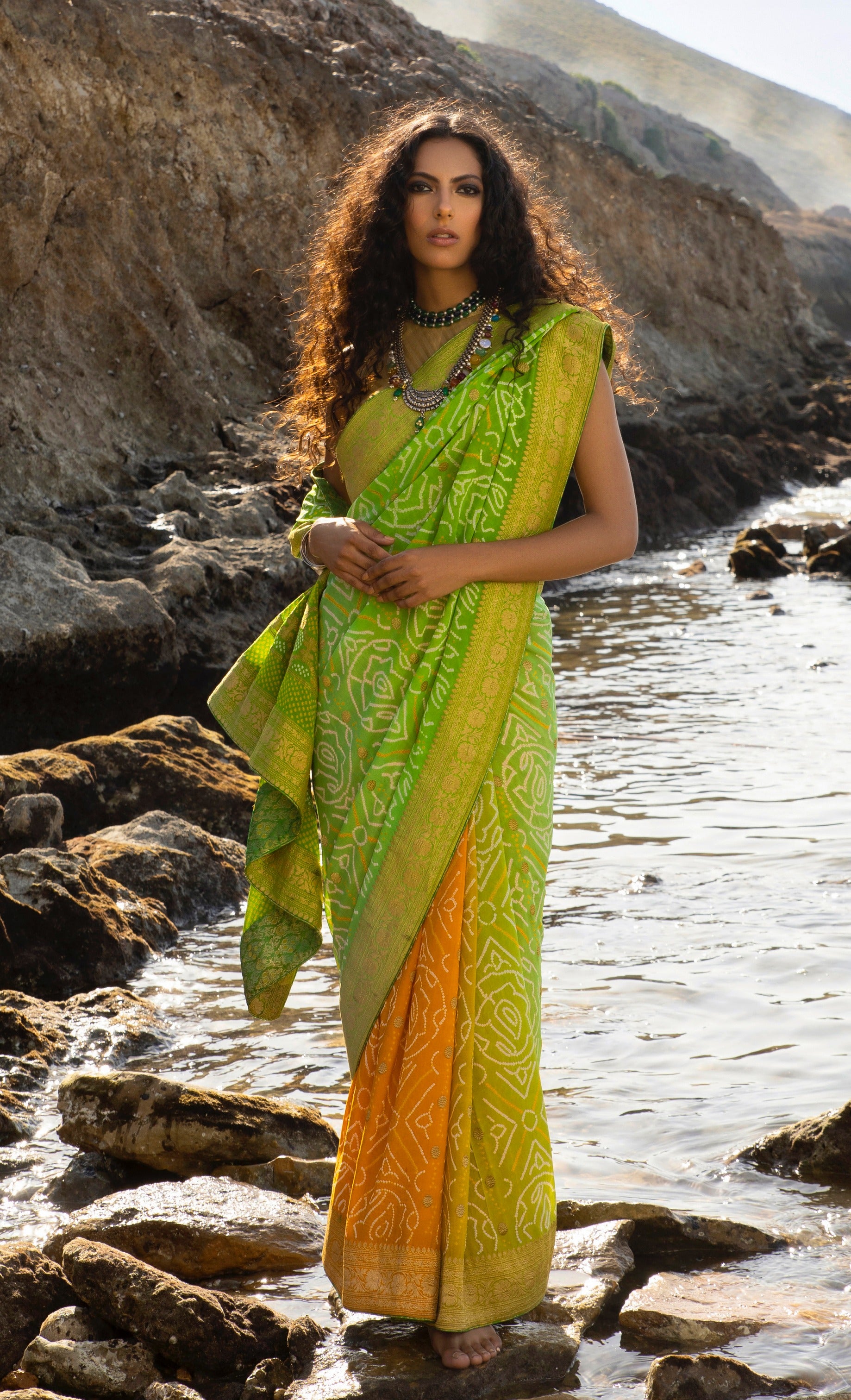 Aafrinish By Niazi Bhandani Chundri Chunri Saree Lemon Yellow Saffron Zesty Lime Green Saree Sari Nimra Jacob Mubara Village Karachi