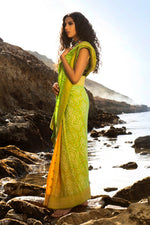 Load image into Gallery viewer, Aafrinish By Niazi Bhandani Chundri Chunri Saree Lemon Yellow Saffron Zesty Lime Green Saree Sari Nimra Jacob Mubara Village Karachi
