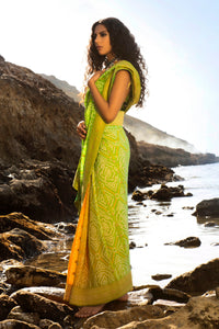 Aafrinish By Niazi Bhandani Chundri Chunri Saree Lemon Yellow Saffron Zesty Lime Green Saree Sari Nimra Jacob Mubara Village Karachi