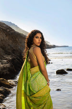 Load image into Gallery viewer, Aafrinish By Niazi Bhandani Chundri Chunri Saree Lemon Yellow Saffron Zesty Lime Green Saree Sari Nimra Jacob Mubara Village Karachi
