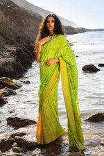 Load image into Gallery viewer, Aafrinish By Niazi Bhandani Chundri Chunri Saree Lemon Yellow Saffron Zesty Lime Green Saree Sari Nimra Jacob
