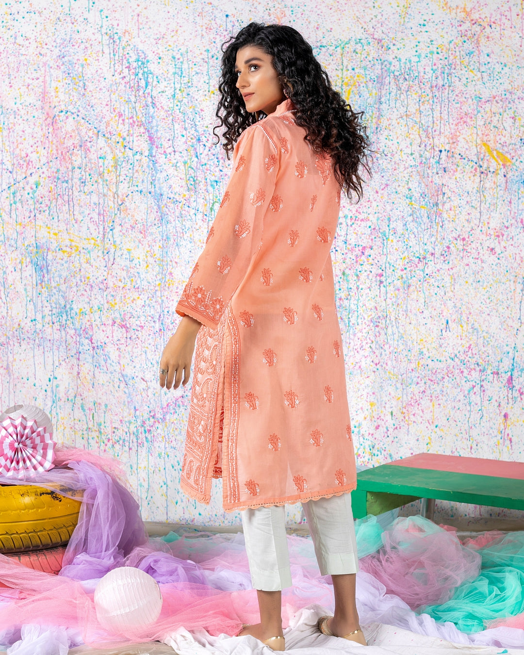 Peach Chikan Kari Kurta