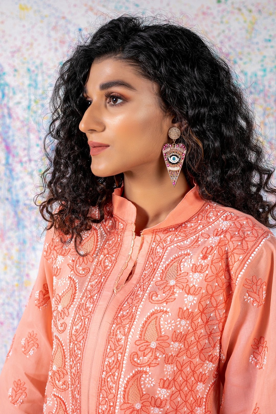 Peach Chikan Kari Kurta