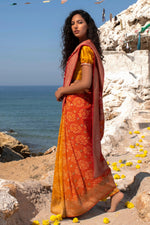 Load image into Gallery viewer, Aafrinish By Niazi Nimra Jacob Red, Spicy Orange and Saffron Yellow Saree Sari Beach Mubarak Village
