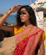 Load image into Gallery viewer, Aafrinish By Niazi Nimra Jacob Red, Spicy Orange and Saffron Yellow Saree Sari Beach Mubarak Village closeup
