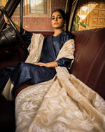 Load image into Gallery viewer, Aafrinish Zooni Sheikh Zooni-Sheikh Embroidery Pakistan Fashion Aafrinish chikankari kurta Midnight Blue tussar silk kurta hand embroidery offwhite-white kantha dupatta duppata fashion Mercedes-Benz 1970 Aafrinish-by-Niazi
