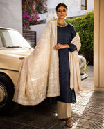 Load image into Gallery viewer, Aafrinish Zooni Sheikh Zooni-Sheikh Embroidery Pakistan Fashion Aafrinish chikankari kurta Midnight Blue tussar silk kurta hand embroidery offwhite-white kantha dupatta duppata fashion Mercedes-Benz 1970 Aafrinish-by-Niazi
