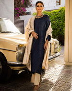 Load image into Gallery viewer, Aafrinish Zooni Sheikh Zooni-Sheikh Embroidery Pakistan Fashion Aafrinish chikankari kurta Midnight Blue tussar silk kurta hand embroidery offwhite-white kantha dupatta duppata fashion Mercedes-Benz 1970 Aafrinish-by-Niazi
