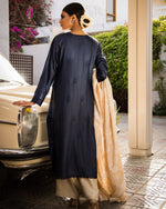 Load image into Gallery viewer, Aafrinish Zooni Sheikh Zooni-Sheikh Embroidery Pakistan Fashion Aafrinish chikankari kurta Midnight Blue tussar silk kurta hand embroidery offwhite-white kantha dupatta duppata fashion Mercedes-Benz 1970 Aafrinish-by-Niazi
