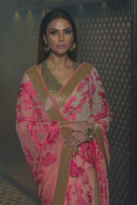 Aafrinish By Niazi Fouzia Aman Pink hand embroidered Kashida Kari Saree Old Havelli 