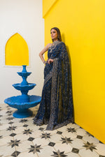 Load image into Gallery viewer, Aafrinish By Niazi Fouzia Aman Midnight Blue hand embroidered Kashida Kari Saree Old Havelli kashmiri hand embroidery
