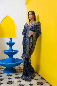 Aafrinish By Niazi Fouzia Aman Midnight Blue hand embroidered Kashida Kari Saree Old Havelli kashmiri hand embroidery